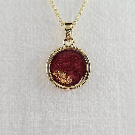 Handmade round pendant with red swirls and gold foil, 14k gold plated chain, gift for her