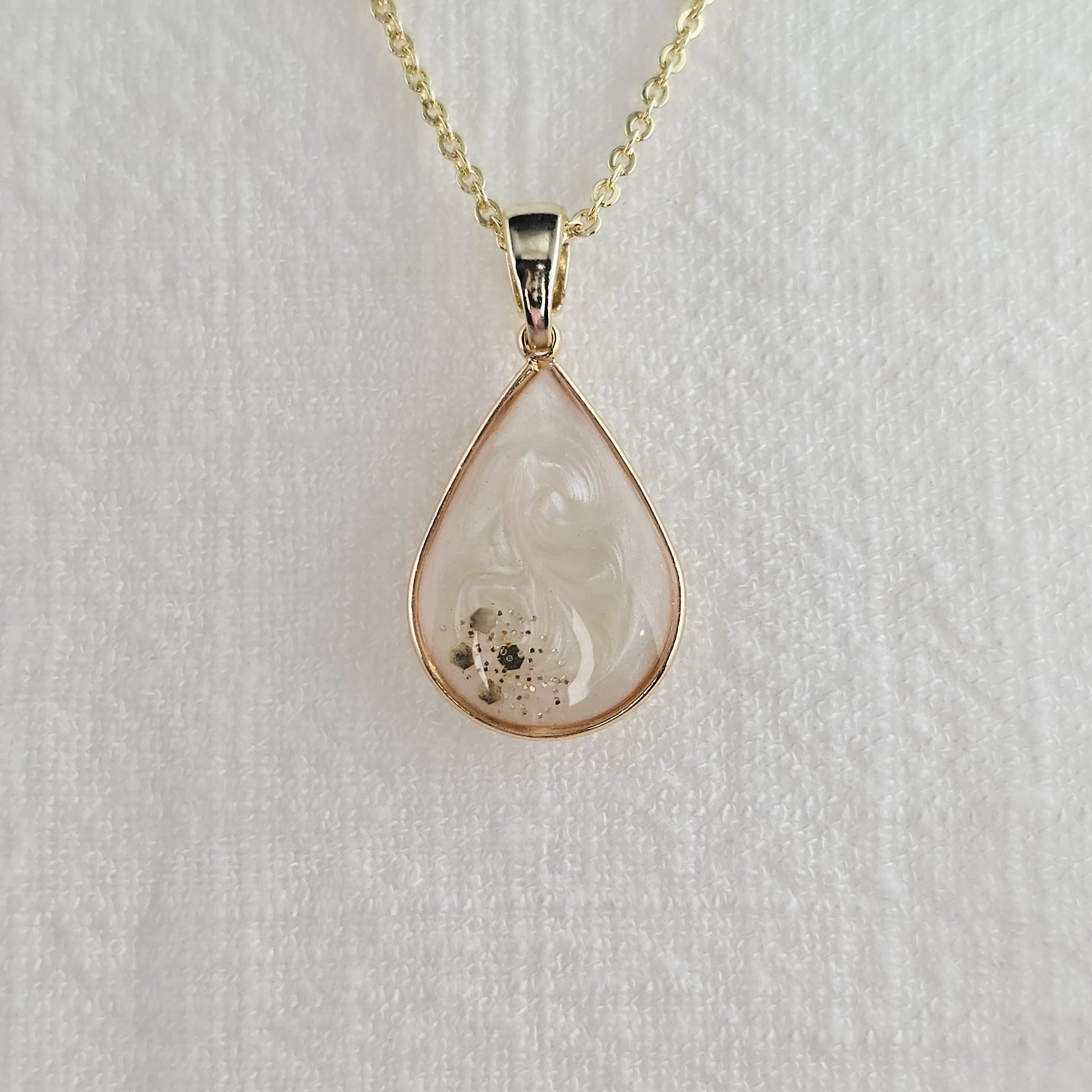 Handmade teardrop pendant with white swirls and gold flakes, 14k gold plated chain, gift for her
