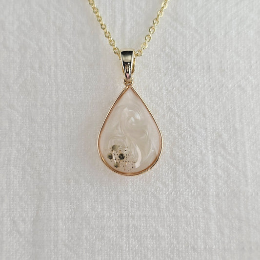 Handmade teardrop pendant with white swirls and gold flakes, 14k gold plated chain, gift for her